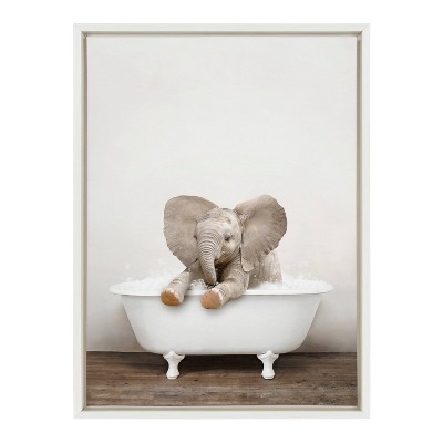 Rustic White Framed Canvas Print with Baby Elephant in Bathtub