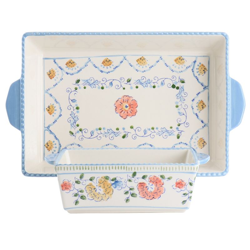 Gibson Elite Anaya 2 Piece Rectangle Stoneware Bakeware Set with Hand Painted Designs, 1 of 7