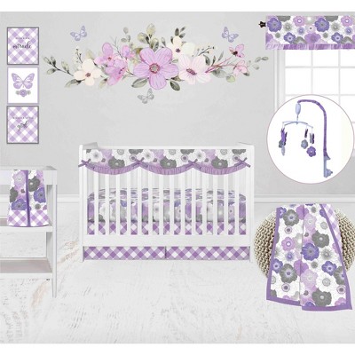 Bacati - Watercolor Floral Purple Gray 10 pc Crib Bedding Set with Long Rail Guard Cover