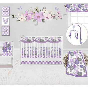 Bacati - Watercolor Floral Purple Gray 10 pc Girls Crib Bedding Set with Long Rail Guard Cover