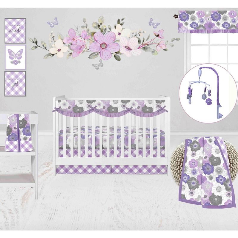 Bacati - Watercolor Floral Purple Gray 10 pc Girls Crib Bedding Set with Long Rail Guard Cover, 1 of 12