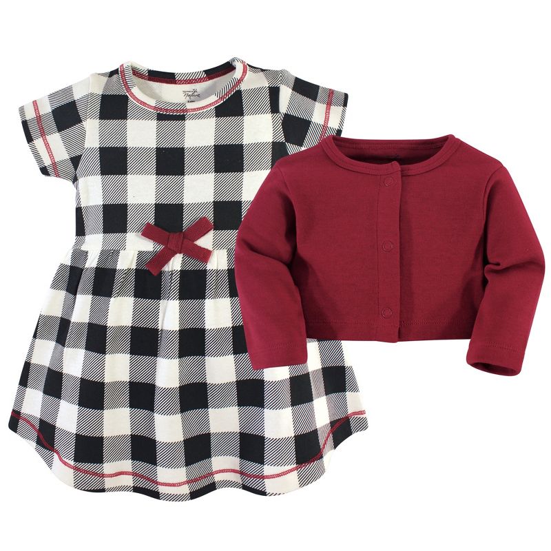 Touched by Nature Baby and Toddler Girl Organic Cotton Dress and Cardigan 2pc Set, Black Plaid, 3 of 6