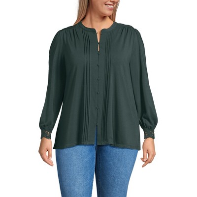 Lands' End Women's Lightweight Jersey Long Sleeve Button Front Pintuck Top
