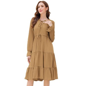 Women Casual Summer Dress Tie V Neck Ruffle Sleeveless Drawstring Waist A-Line Swing Midi Dress - 1 of 4