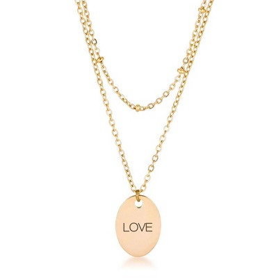 ShineHigh Stainless Steel Oval Pendant Necklace  LOVE & LOVED Engraving, Dual-Layer Chain, Rose Gold, Gold, or Silver Finish
