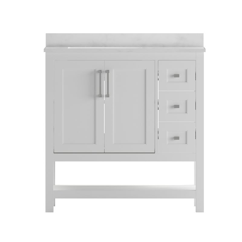 Merrick Lane Bathroom Vanity with Ceramic Sink, Carrara Marble Finish Countertop, Storage Cabinet with Soft Close Doors, Open Shelf and 3 Drawers, 3 of 13