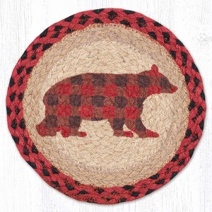 Earth Rugs Flannel Bear Round Trivet – 10" Plaid Bear Print on Braided Natural Jute Table Mat - 1 of 3