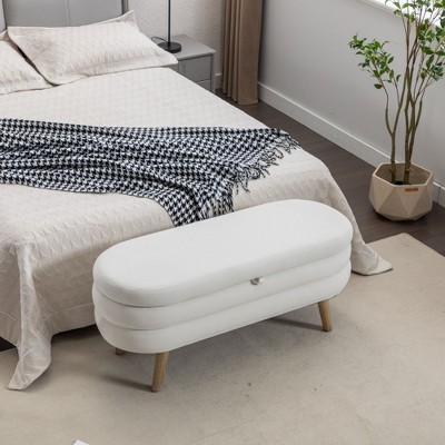 Velvet Fabric Storage Bench Bedroom Bench With Wood Legs For Living Room Bedroom Indoor,Ivory
