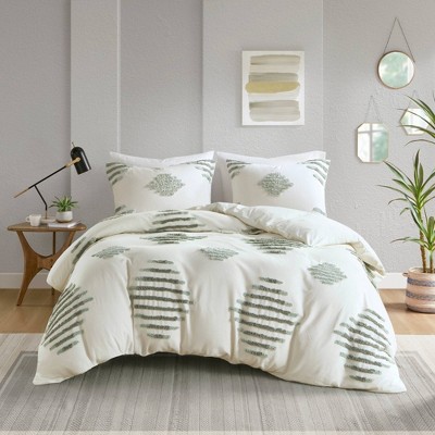 Tahli Green and Ivory Cotton Blend Chenille King Duvet Cover Set
