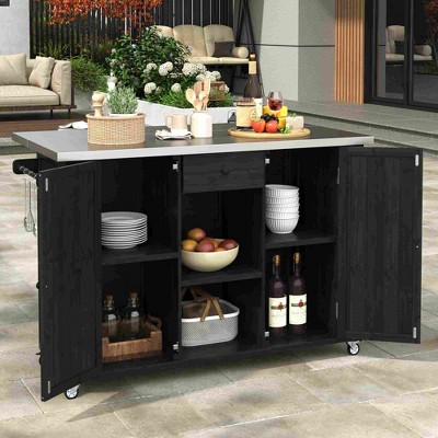 52'' Outdoor Kitchen Island with Foldable Top,Fir Wood Kitchen Cart with Storage and Bottle Opener,Patio Island Table with Towel Rack-Coolbibila