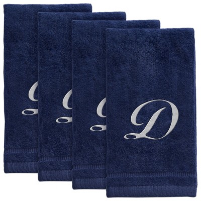 Creative Scents Navy Blue Fingertip Monogrammed Towels White Embroidered