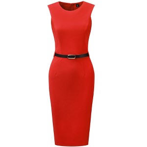 INSPIRE CHIC Women's Belted Round Neck Sleeveless Casual Office Sheath Dress - 1 of 4