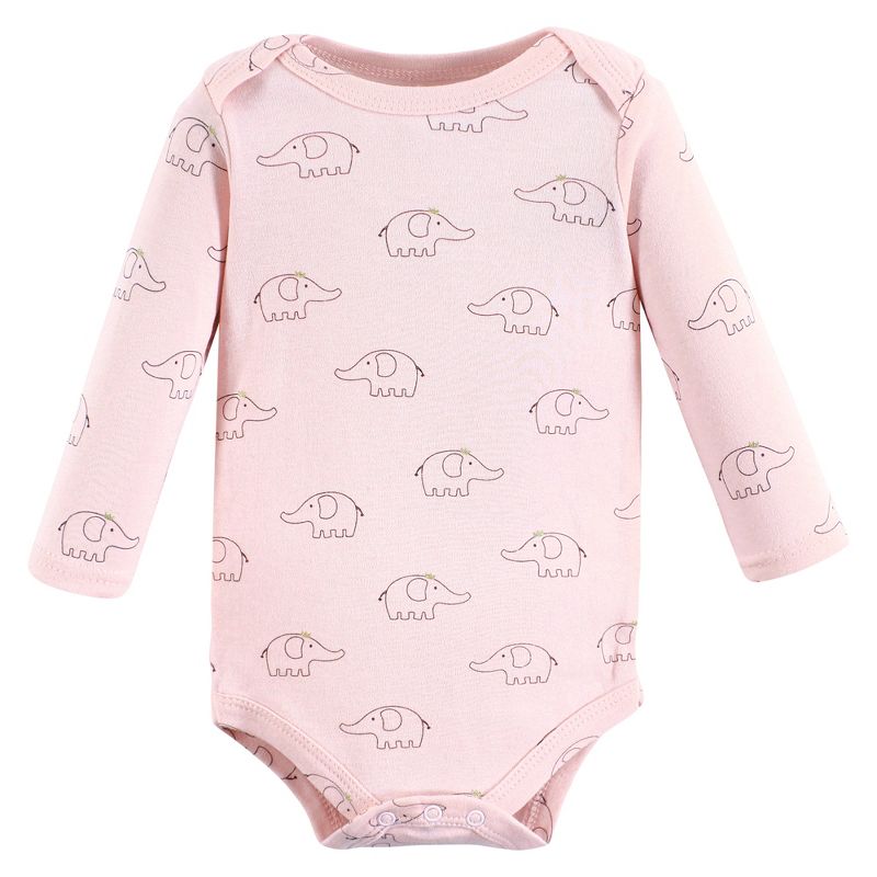 Hudson Baby Infant Girl Cotton Long-Sleeve Bodysuits, Pink Gray Elephant 5-Pack, 6 of 9