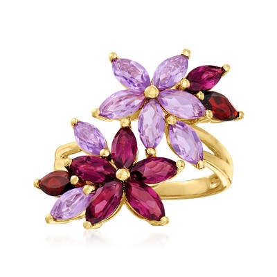 Ross-Simons 1.40 ct. t.w. Rhodolite Garnet, 1.20 ct. t.w. Amethyst and .50 ct. t.w. Garnet Flower Ring in 18kt Gold Over Sterling