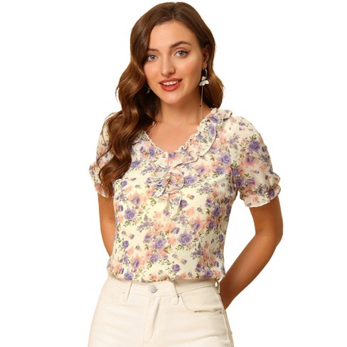 Allegra K Women's Ruffle V Neck Puff Short Sleeve Floral Blouse : Target