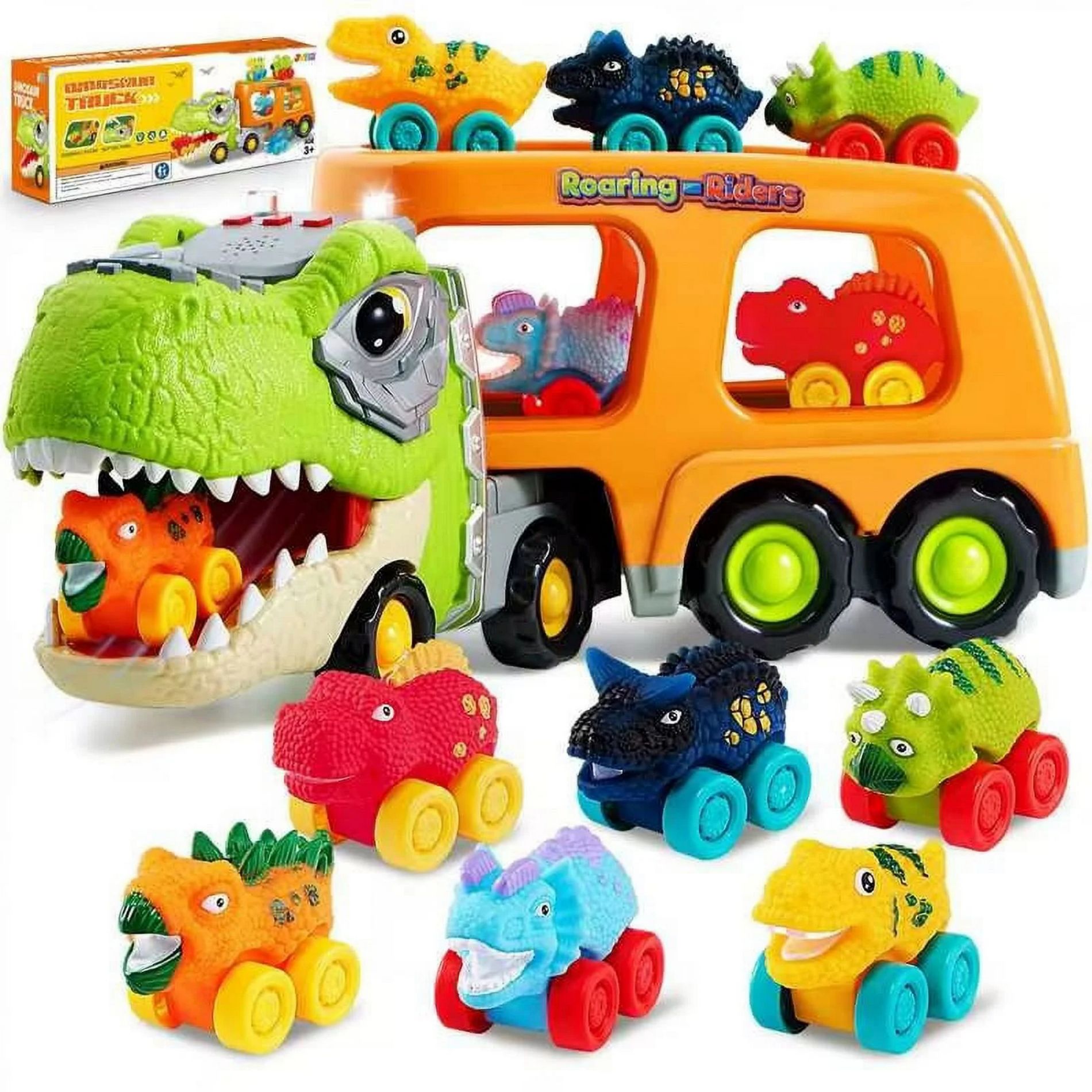 Joyfy Dinosaur Truck Toy with 6 Rubber Car, Music & Lights, Dinosaur Car Carrier Truck Toy, Toddler Christmas Birthday Gift for 2 3 4 5 Year Old Boys