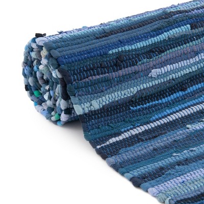 Handmade Navy Blue Stripe Indoor Runner Rug with Easy Care