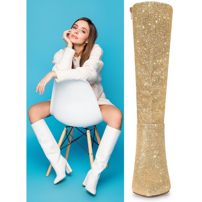 Allegra K Women's Pointy Toe Sparkle Glitter Stiletto Heel Knee High Boots, 2 of 7