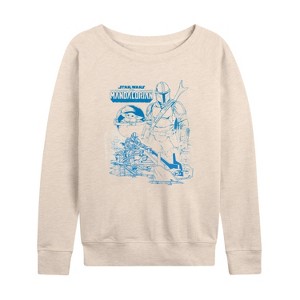 Women's - Star Wars - The Mandalorian Mando Sketchy Lightweight French Terry Wide Neck Long Sleeve Graphic Shirt - 1 of 4