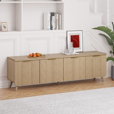 GlasFlength Decorative Storage Cabinets TV Stand, Mid-Century Modern Four Door Cabinet Storage for Living Room Bedroom, Light Brown 59.1"*13.8"*17.7"
