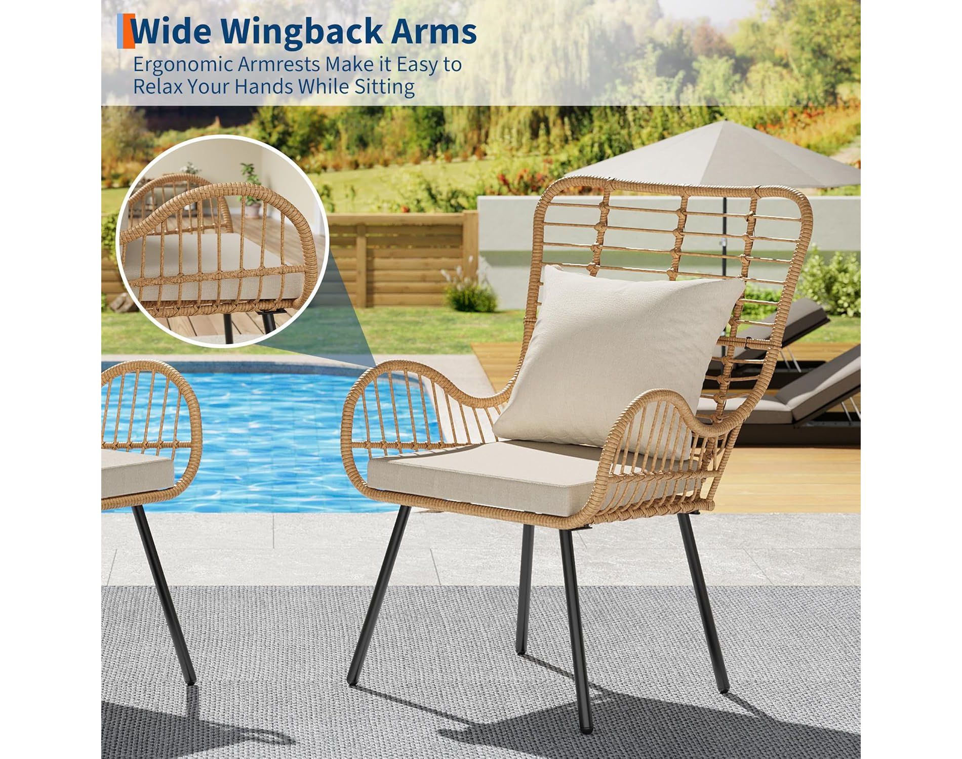 Outdoor Wicker Patio Set for 4, 4 Pieces Outdoor Rattan Chairs, All-Weather Wicker Furniture for Porch, Backyard with Cushions & Pillows, Boho Style