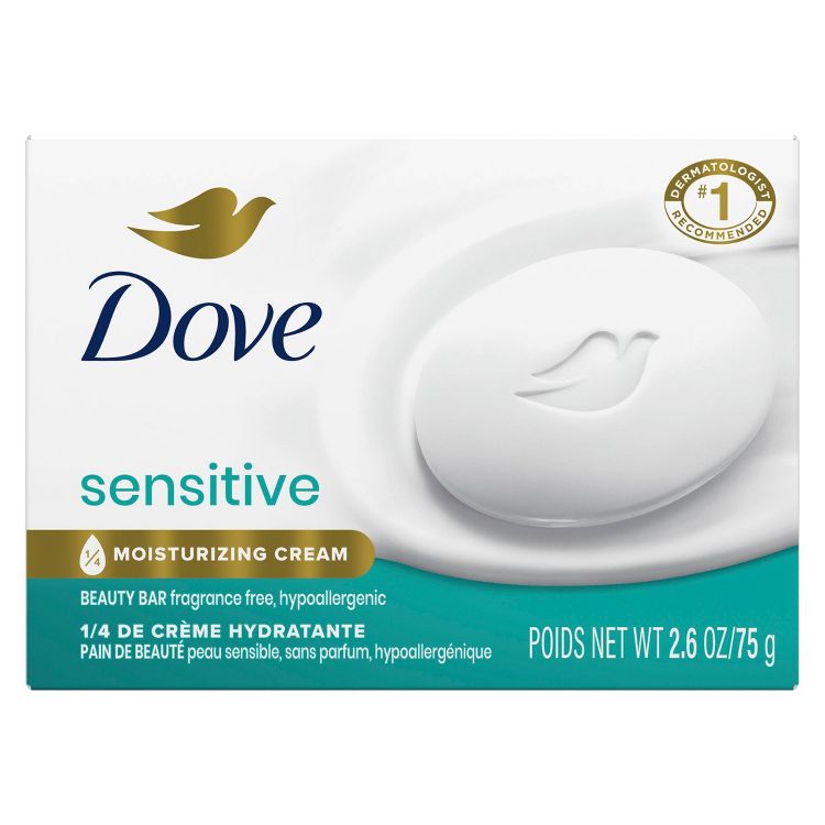 Dove Sensitive Beauty Bar, 2.6 oz. Fragrance-free, hypoallergenic with moisturizing cream. White bar with embossed Dove logo on a clean, teal-accented box. 