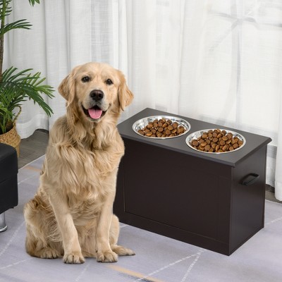 Dark Brown Elevated Pet Feeder with Stainless Steel Bowls