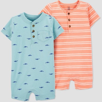Baby Boys' 2pk Striped Blue Whale Romper - Just One You® made by carter's Orange 3M