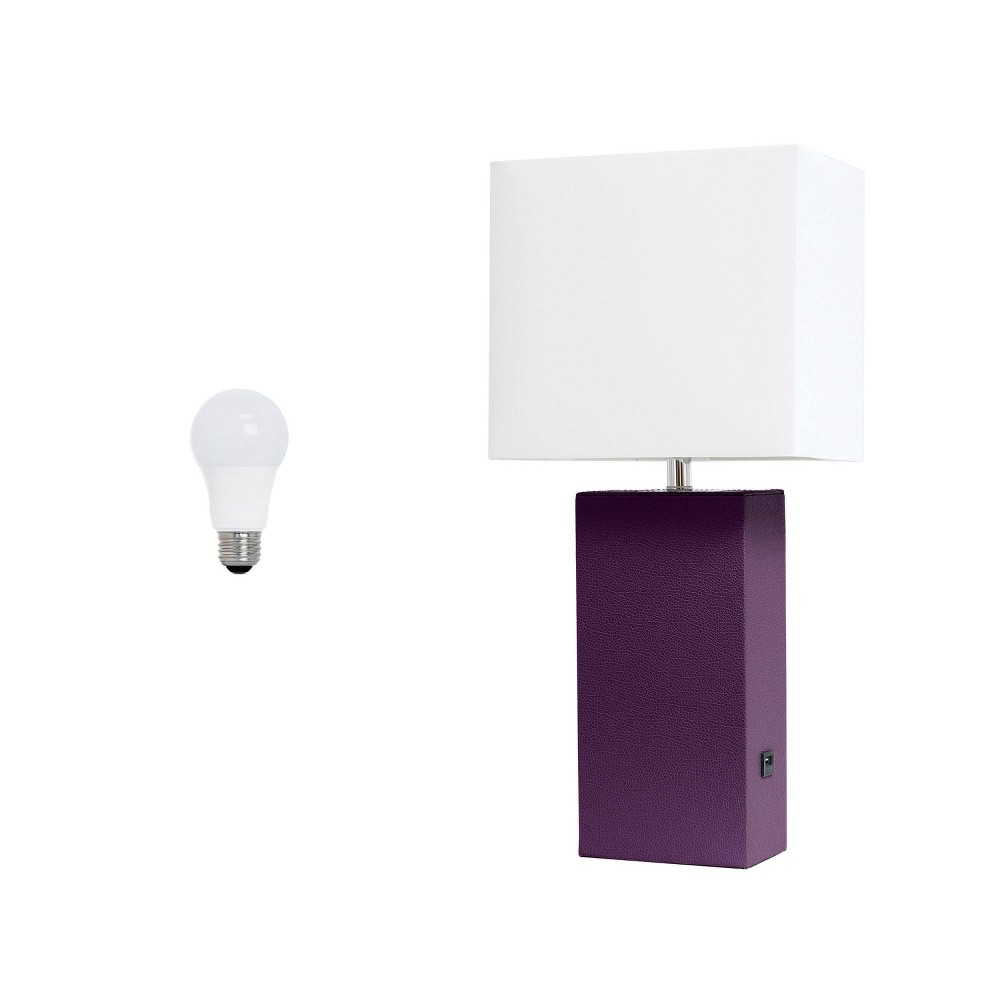 Lalia Home Lexington 21" Leather Base Modern Table Lamp with USB Charging Port and Feit LED (Includes LED Light Bulb) Dark Purple