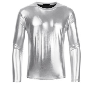INSPIRE CHIC Men's Round Neck Long Sleeves Shining Disco Metallic T-Shirt - 1 of 4