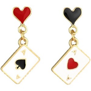 Casino Theme Earrings: Asymmetric Queen of Hearts Drop with Clock & Poker Chips. - 1 of 4