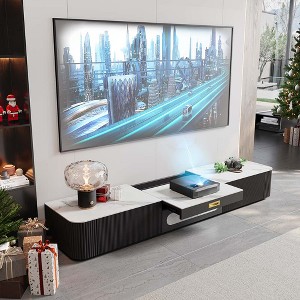 POVISON 79" Modern TV Stand for Projector, Sintered Stone TV Cabinet with Drawers for Home Theater, Oak Veneer MDF, Black & White Media Console - 1 of 4