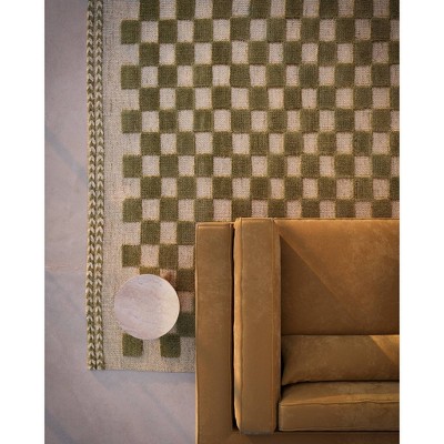 Handwoven Green and Beige Wool Checkered Rectangular Rug