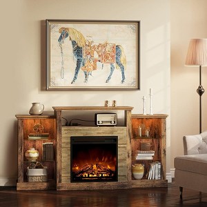 Modern fireplace TV stand with open storage, LED lights and charging sockets - 1 of 4