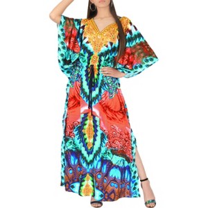 HAPPY BAY Women's Maxi Slit Dashiki Casual Caftan One Size Fire Geometric - 1 of 4