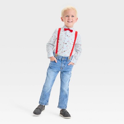 Toddler Boys' Valentine's Day Heart Print Bow Tie Shirt and Denim Suspender Set - Cat & Jack™ Cream