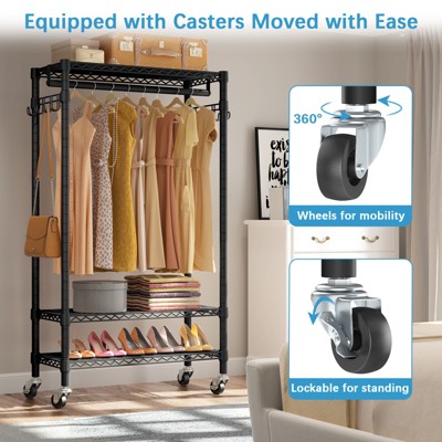Black Portable Rolling Clothes Rack with Gray Cover