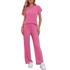 cheibear Women's Ribbed Knit Short Sleeve Round Neck Sweatsuit with Pants 2 Piece Pajama Set - 1 of 4