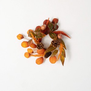 12"H Sullivans Mixed Fall Leaf & Wheat Mini Wreath, Orange - 1 of 2