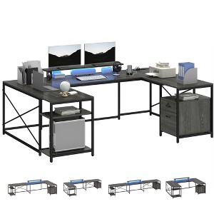 U Shaped Desk With Power Outlets & LED Lights Desk With Drawers Corner Computer Desk Office Desk With Monitor Stand & Storage Shelves Gray - 1 of 4
