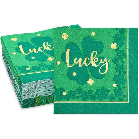 Sparkle and Bash 50 Pack St Patricks Green Four Leaf Clover-Themed Lucky Disposable Cocktail Paper Napkins - image 1 of 4