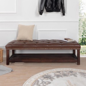 60" Tufted Upholstered Ottoman Bench with Nailhead Trim and Lower Storage Shelf for Bedroom or Entryway -3irtyhousy - 1 of 4