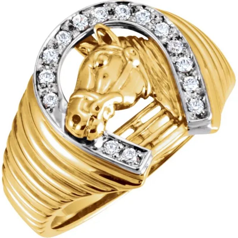 Pompeii3 Men's 1/3CT Diamond Horseshoe Lucky Ring 10k Yellow Gold, 1 of 4