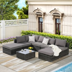 8 Pieces Outdoor Patio Sectional Sofa Couch Wicker Furniture Conversation Sets with Washable Cushions and Glass Coffee Table - 1 of 4