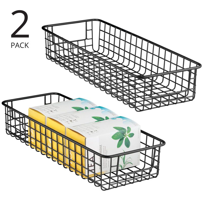 mDesign Metal Wire Food Organizer Shallow Basket, Handles - 2 Pack - Black, 16 x 6 x 3, 2 of 9