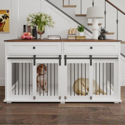 63" Large Wooden Dog Crate Furniture for 2 Dogs,Indoor Double Kennel with Divider,Drawers and Sliding Doors,Pet House Cabinet-LAOTIES