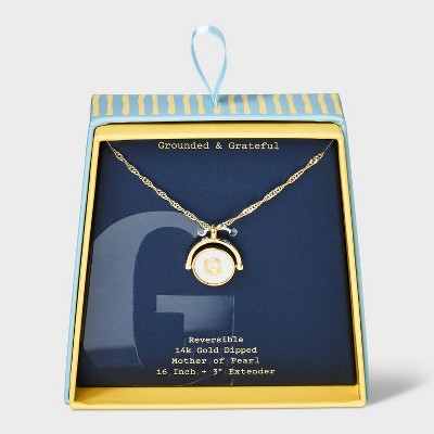14K Gold Dipped Crystal and Mother of Pearl Circle Spinner Initial Necklace - A New Day™
