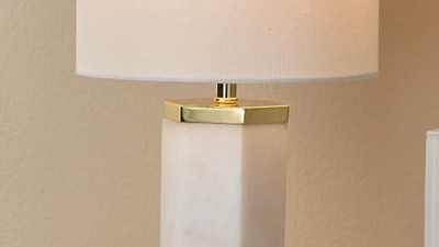 White Marble Table Lamp with Brass Accents and Linen Shade