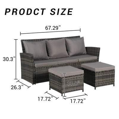 Compact 3-Pc Outdoor Set: Wicker Sofa + Dual Ottomans – Space-Saving for Small Backyards