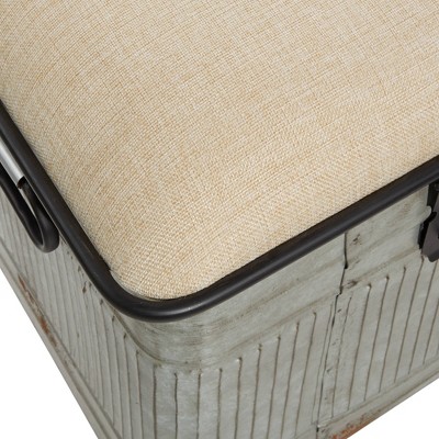 Gray Galvanized Metal Storage Bench with Beige Upholstered Seat